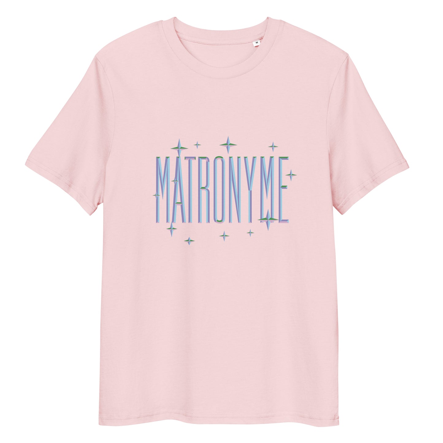 T-shirt "Matronyme" bleu clair rose – vue de face | Inès m.