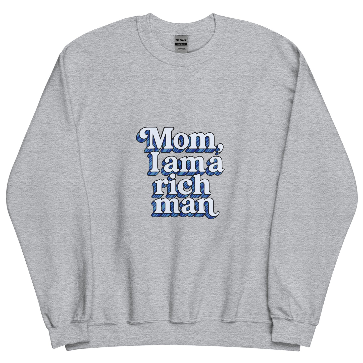 Sweat "Mom, I'm a rich man" bleu gris chiné – vue de face | Inès m.