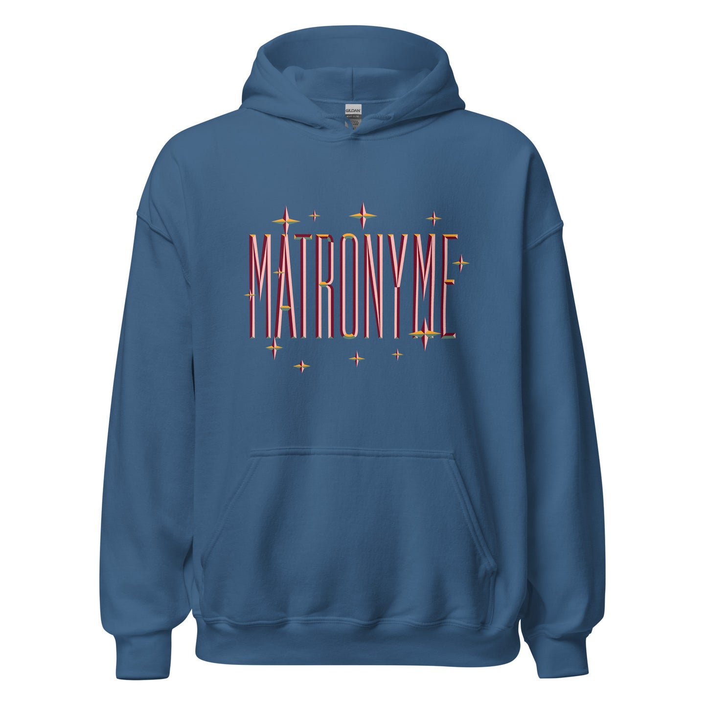 Hoodie "Matronyme" orange bleu indigo – vue de face | Inès m.