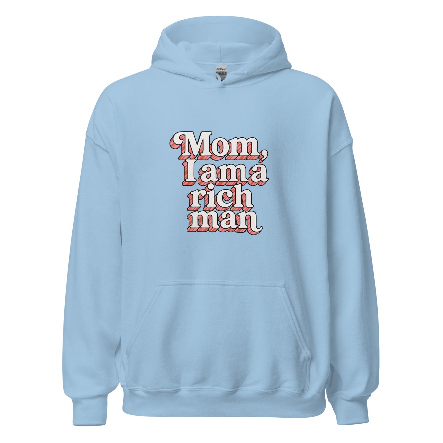 Hoodie "Mom, I'm a rich man" bleu clair – vue de face | Inès m.