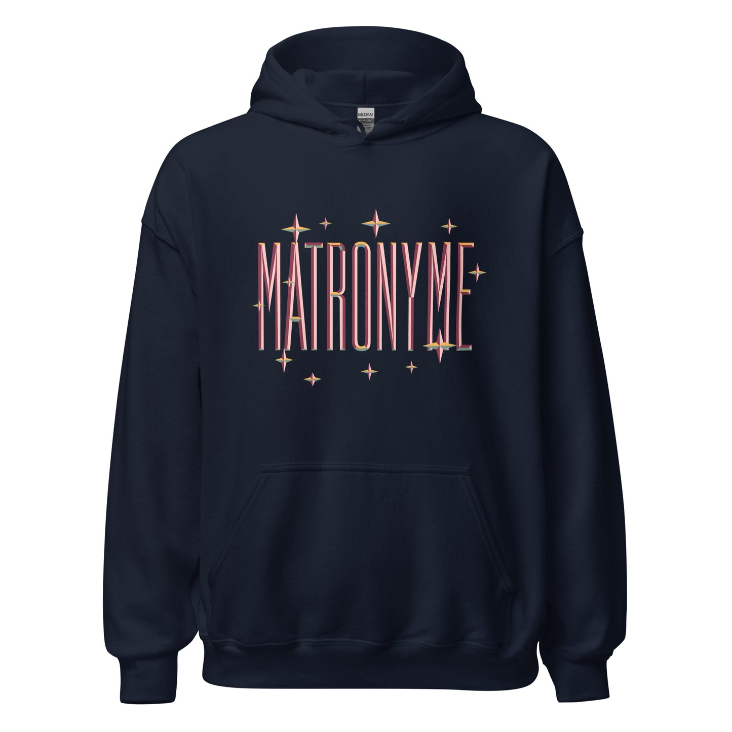 Hoodie "Matronyme" orange bleu marine – vue de face | Inès m.
