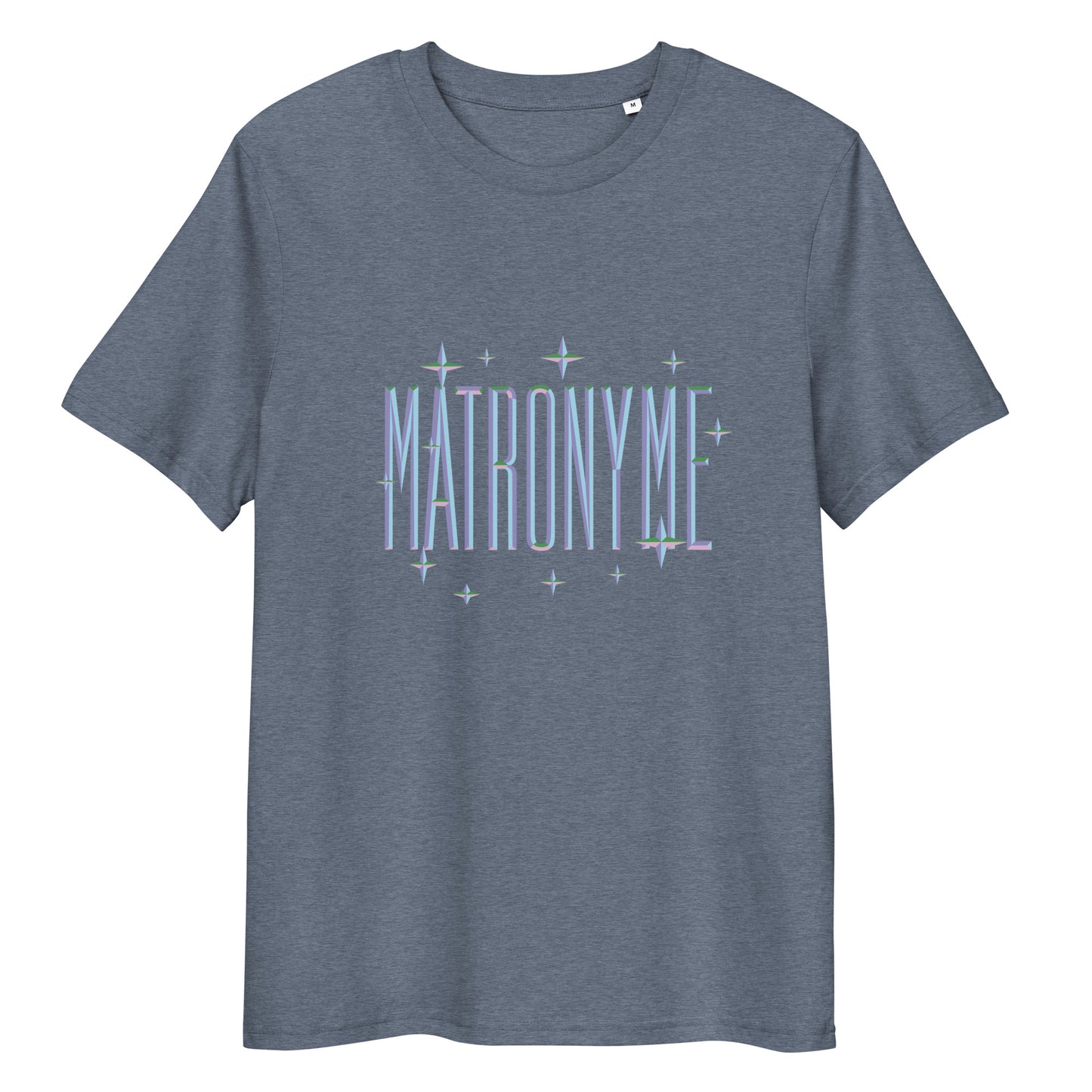 T-shirt "Matronyme" bleu clair bleu chiné foncé – vue de face | Inès m.
