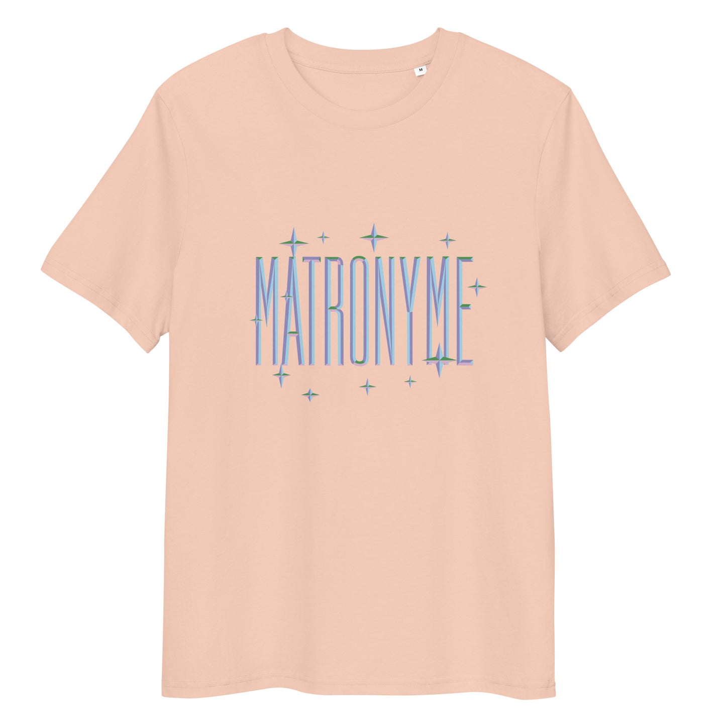 T-shirt "Matronyme" bleu clair pêche – vue de face | Inès m.