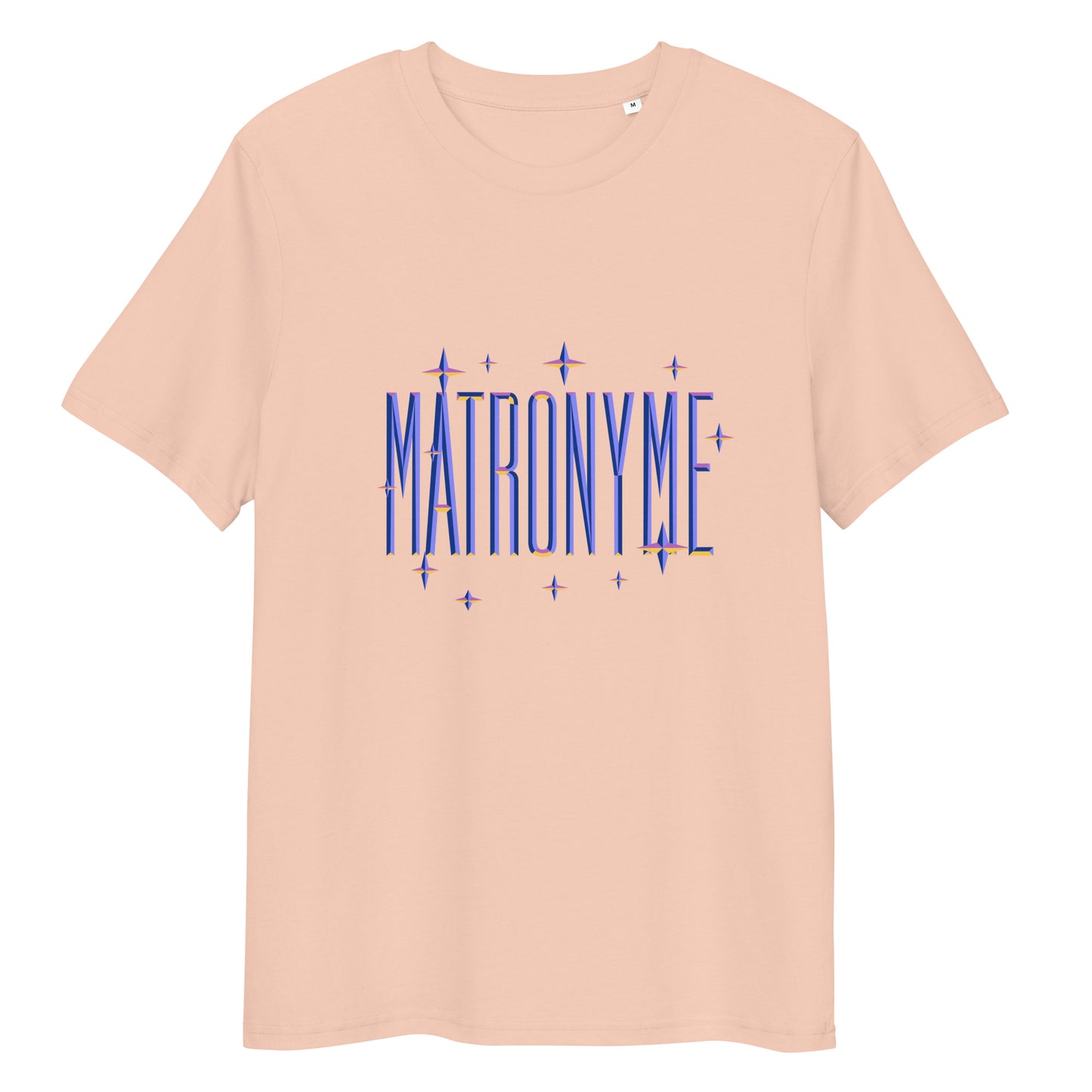 T-shirt "Matronyme" bleu pêche – vue de face | Inès m.