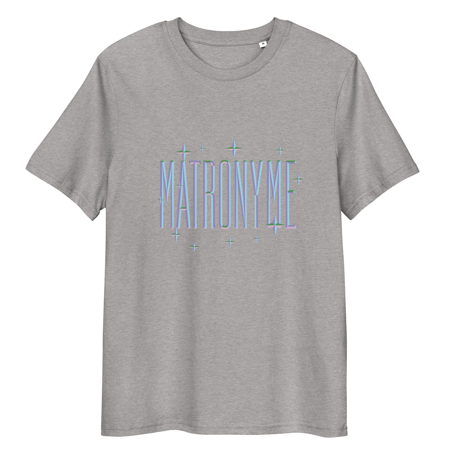 T-shirt "Matronyme" bleu clair gris chiné – vue de face | Inès m.