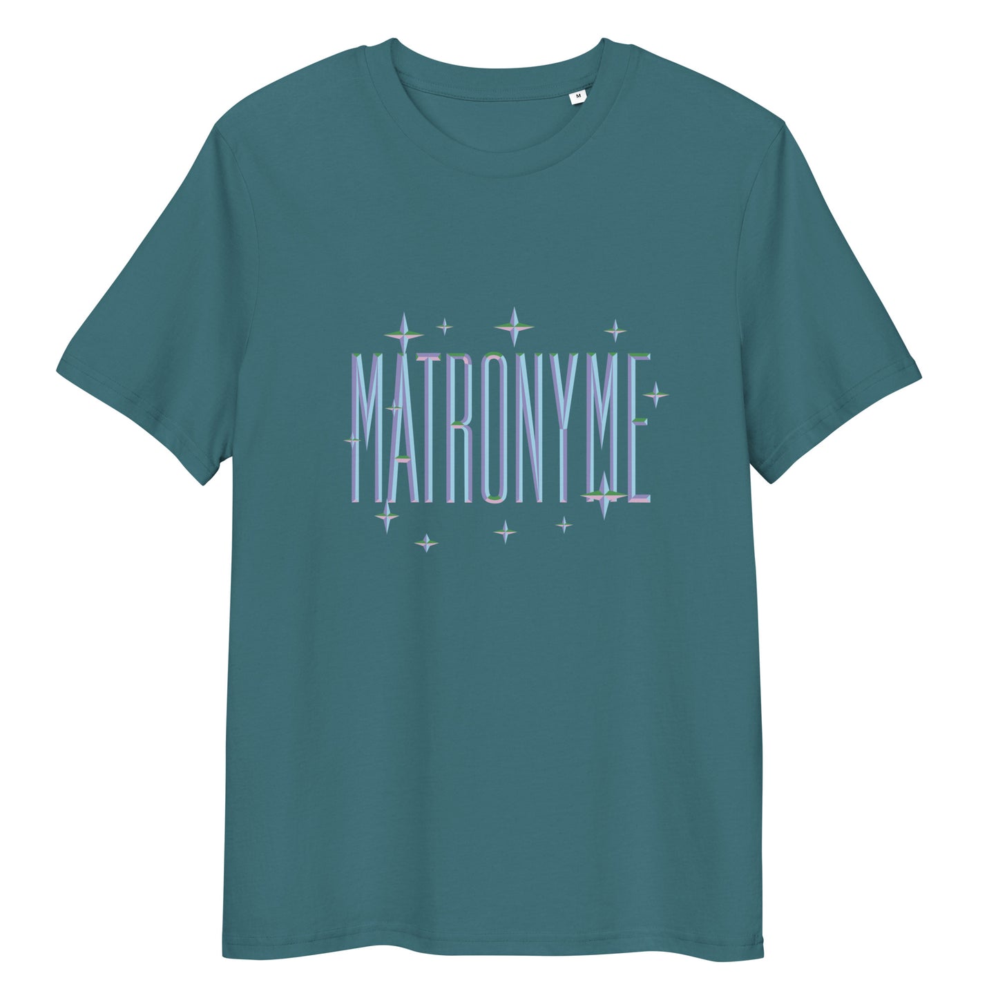 T-shirt "Matronyme" bleu clair bleu-vert – vue de face | Inès m.